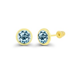 Solid 14K Yellow Gold 6mm Round Natural Sky Blue Topaz December Birthstone Bezel Screw Back Stud Earrings