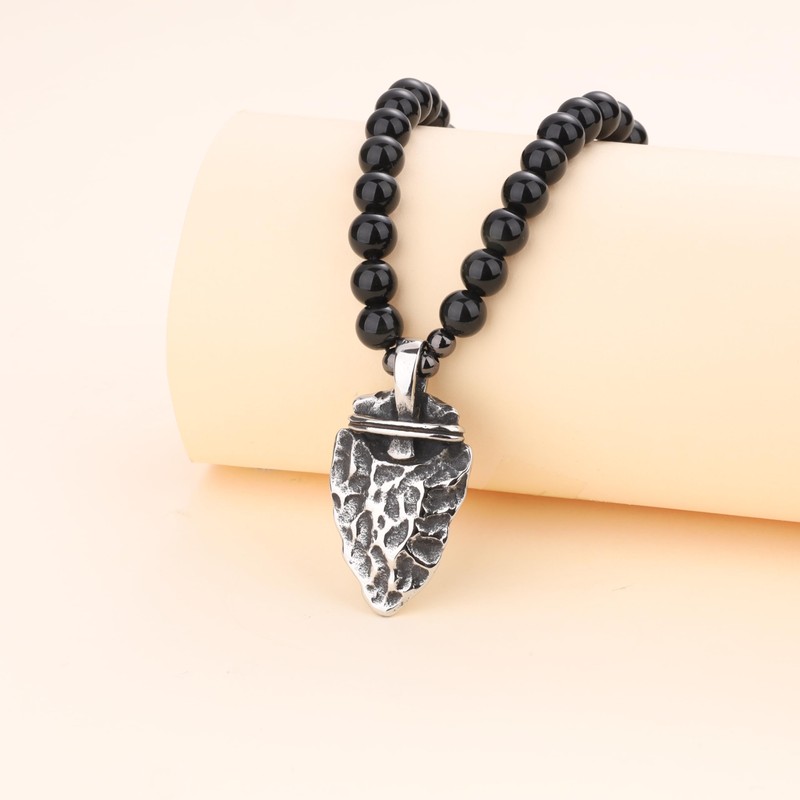 COAI Men's Necklace with Retro Arrow Pendant, Obsidian, Obsidian