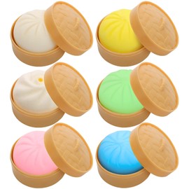 Dumpling Squishy Stress Balls,UHOMENY 5Pcs Colorful Fidget Sensory Stress Ball and 1Pcs Custard Bun Squeeze Dough Ball，Stress Relief Bun with Food Steamer(Yellow, Green, Blue, Pink, White, Cream)