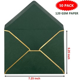 50 Pack 5x7 Envelopes for Invitations with Gold Border, Self Adhesive A7 Envelopes with V-Flap for Greeting Cards, Invitation Envelopes for Wedding, Graduation, Baby Shower, Party (Dark Green)