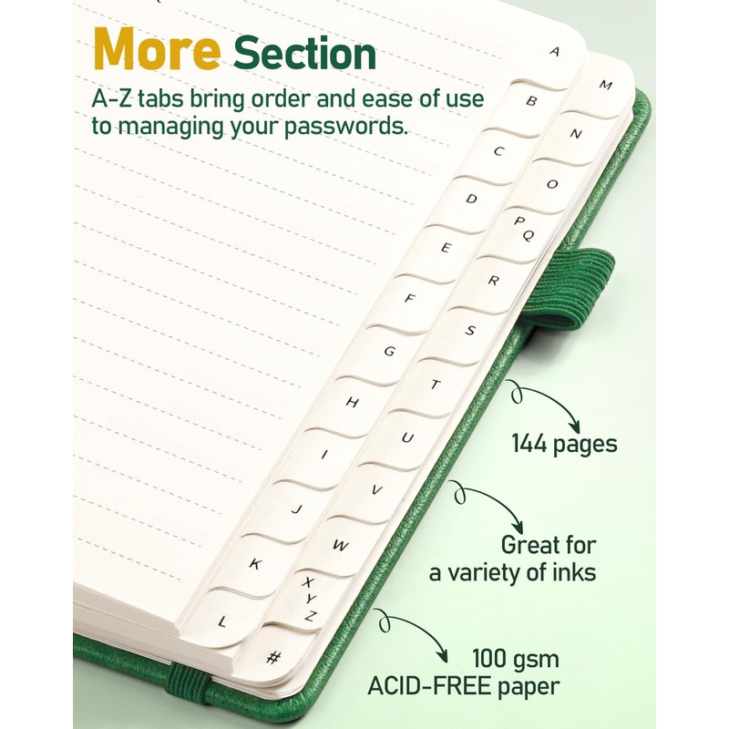 WEMATE Spiral Password Book with Alphabetical Tabs, Small, for Seniors,