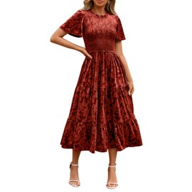 Simplee Velvet Dress for Women Semi Formal Empire Waist Short Sleeve Floral Long Cocktail Party Dresses Orange Red,M