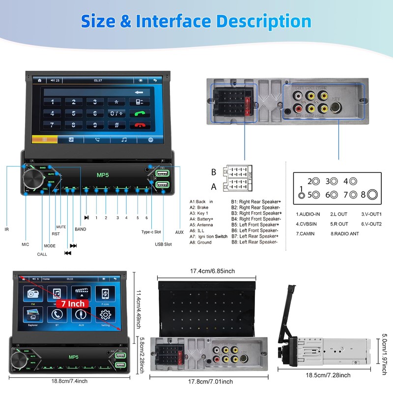 Motorsi Single Din Car Stereo Audio with Carplay Android Auto