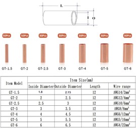 250Pcs Wire Ferrules Kit 7 Size Copper Crimp Connector Non Insulated Electrical Butt Terminal Assortment Kit
