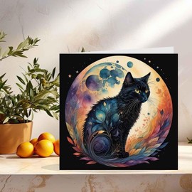 Moon Black Cat Greeting Card Watercolour Painting Art 145 x 145mm