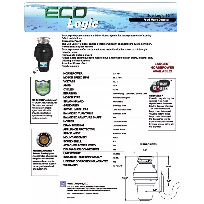 Eco Logic 1.25 HP Kitchen Garbage Disposal, Brushed Nickel Flange