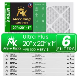 MervKing 20x20x1 Air Filter | MERV 8 | MPR 600-700 Ultra Plus | 6-Pack | Pleated HVAC AC Furnace Replacement Air Filters | Actual Size: 19.7" x 19.7" x 0.75"