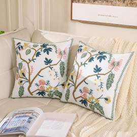 LUOYEHK Floral Embroidered Decorative Throw Pillow Covers 18x18 Inch Pack of 2, Farmhouse Spring Tree Flower Pillowcase for Living Room Sofa Bed
