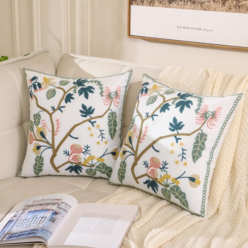 LUOYEHK Floral Embroidered Decorative Throw Pillow Covers 18x18 Inch Pack