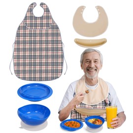 Adaptive Utensils for Elderly with Suction Base, Parkinsons Utensils with Bibs, Adaptive Dinnerware Dish for Handicapped, Spill Proof Bowl and Plate with Lipped Edges for Dementia, Stroke, and Tremor