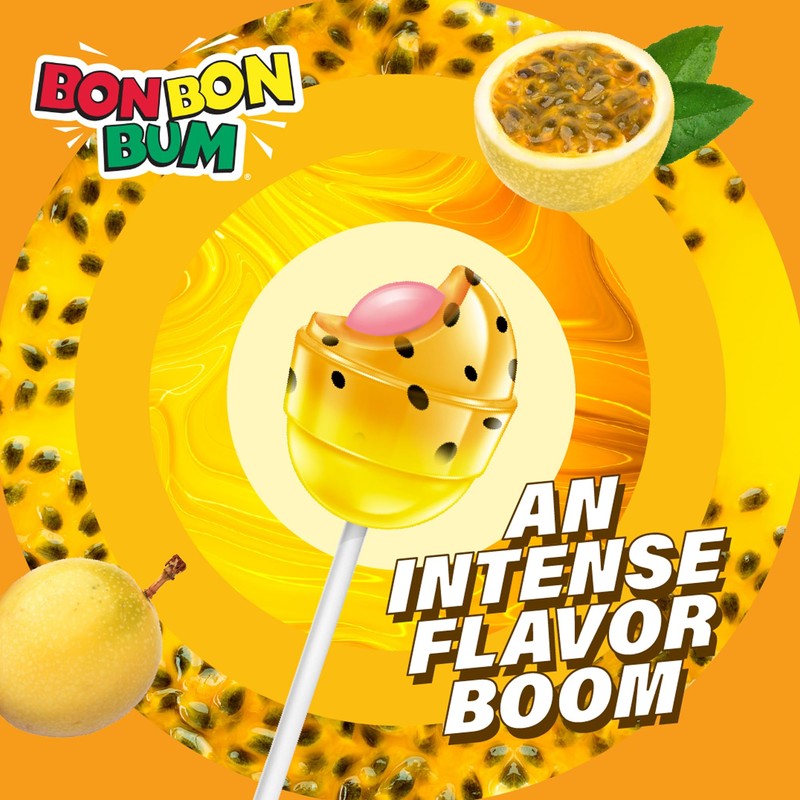 Colombina Bon Bon Bum Lollipops Tropical Passion Fruit Flavor, 24