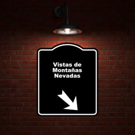 Vistas de Montañas Nevadas Spanish Black Sign Arrow Down Right Aluminum Composite Sign 8.5 x 10 inches