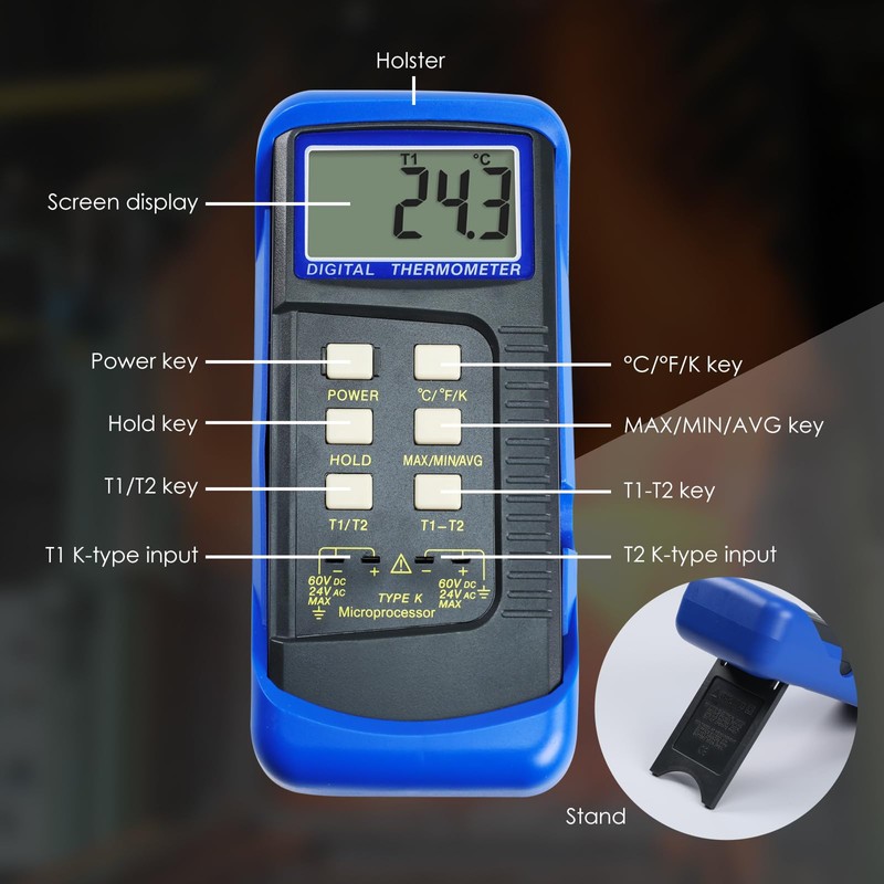 Handheld Digital K-Type Thermometer with Two Channels and Two Thermocouples,
