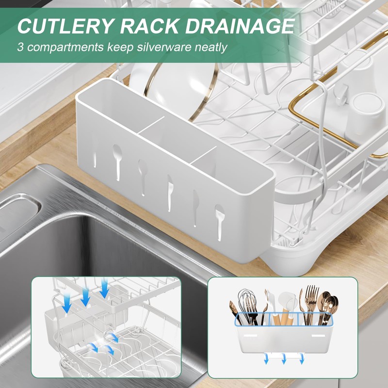 HOMEAILIE Dish Drying Rack, Two-Tier Dish Drying Rack with Utensil