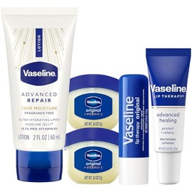 Vaseline Travel Essentials, cuidado de la piel y los labios sin fragancia: loción sin perfume de reparación avanzada + terapia labial, tubo curativo avanzado, barra original y mini frascos
