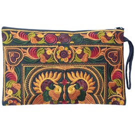 Sabai Jai Embroidered Ethnic Clutch Wristlet Purse for Women's Boho Handbag Flower Bag for Girls Handmade (Gold/Ivy)