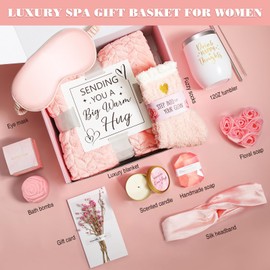 Birthday Gifts for Women, Self Care Friendship Gifts, Relaxing Spa Gifts Basket Care Package w/Luxury Flannel Blanket, Unique Ideas for Mom Her Friend Sister Wife (Rose)