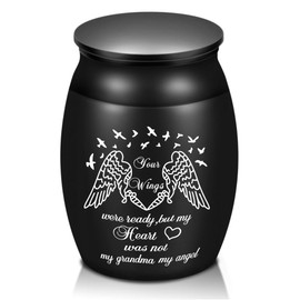 UrnAurn Small Black Solid Stainless Steel Cremation Urn - 1.6" High - Keepsake Memorial Ash Urn - Your Wings were Ready, But My Heart was Not