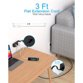 3Ft Extension Cord with Multiple Outlets, Flat Plug Power Strip Surge Protector with Short Extension Cord, 6 Outlet 3 USB Ports (1 USB C), Multi Outlet Wall Plug for Travel, College, Dorm Essentials