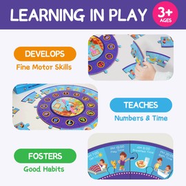 Round Puzzles for Kids, Early Learning Centre Clock Table Game, Montessori Educational Toy to Learn Time & Build Good Behavior (Daily Routine Schedule)
