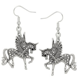 DianaL Boutique Large Beautiful Silver Tone Rhodium Plated Pegasus Unicorn Horse Dangle Earrings Gift Boxed