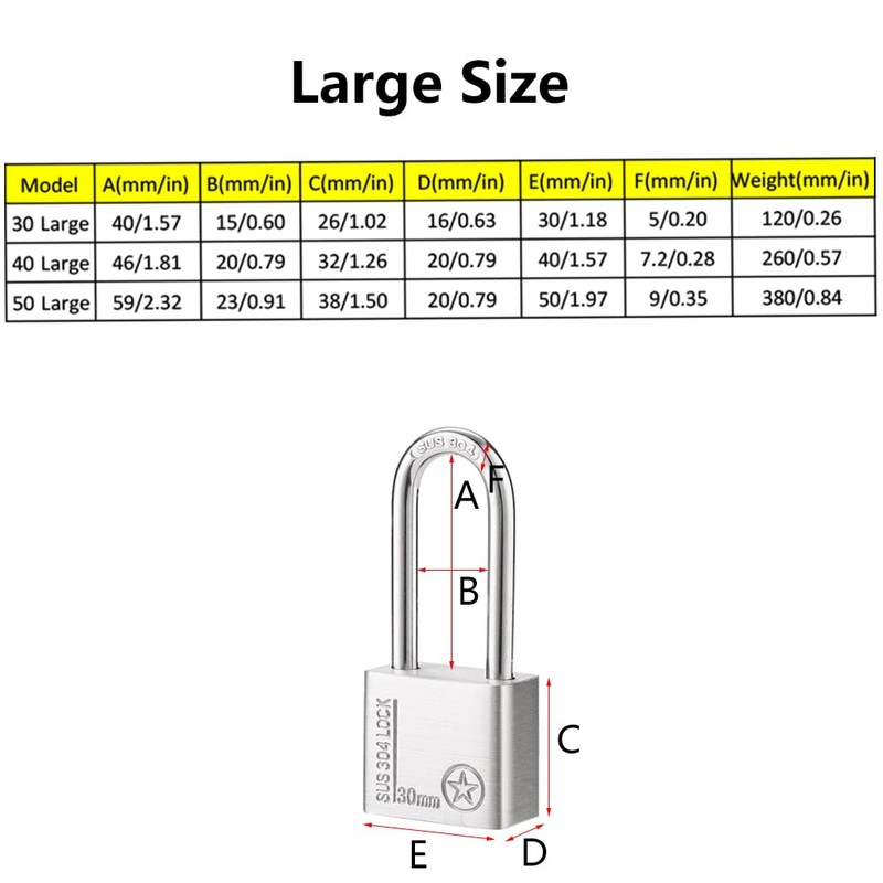 Marine Grade Rustproof Padlock with Long Shackle, Waterproof Stainless Steel