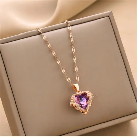 Collar Mujer Oro Rosa Corazón Elegante Dije Colgante Chapado En Oro rosa 18 K Con Zirconia Cúbica Novia Esposa Mama Cumpleaños Aniversario