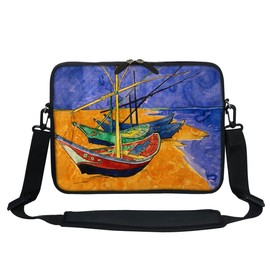 Meffort Inc 13 Inch Neoprene Laptop Sleeve Bag - Water-Resistant, Hidden Handle, Adjustable Shoulder Strap, Dual Zipper, Fits Up to 13.3" Laptops - Fishing Boats on the Beach