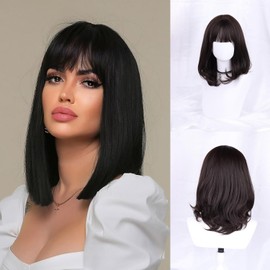 Wigs with Fringe, Short Straight Wigs, Women's Shoulder Long Bob Wigs with Fringe, Natural Hair, Synthetic Wig for Daily Use (Black)
