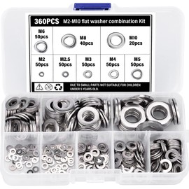 BEAUGIREW 360 Pieces 304 Stainless Steel Flat Washers Assortment Kit M2 M2.5 M3 M4 M5 M6 M8 M10 Round Lock Washer Assortment Set for Home Decoration Appliance and Factory Repairs