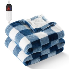 Electric Heated 62"x 84" Sherpa Buffalo Plaid Christmas Twin Blanket with 6 Heating Levels & 10 Hours Auto Off, Fast Heating Warm Washable Blanket with Over-Heat Protection, ETL Certification, Blue