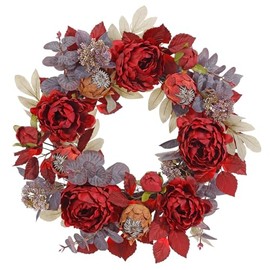 22" Peony Flower, Protea & Eucalyptus Leaf Silk Hanging Wreath -Burgundy