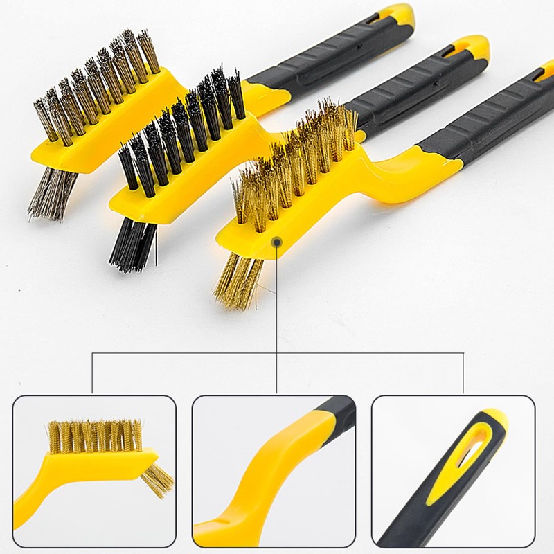 Wire Brush Set 3Pcs, Nylon/Brass/Stainless Steel Bristles with Curved Handle