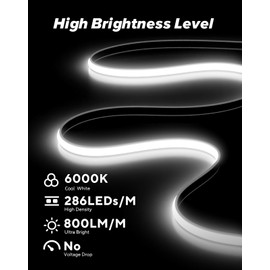 Shine Decor COB LED Neon Rope Light AC110-120V 32.8ft, 800lm Ultra Bright(6000K Cool White), IP65 Waterproof ETL COB LED Strip Light, Cuttable LED Tape Light for Cabinet Bedroom Commercial 10x4.5mm