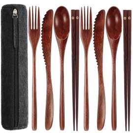 Busnos Reusable bamboo Utensils for Eating 8 Pcs Travel Wooden Spoons Forks Chopsticks Cutlery Set with Case Portable Lunch Utensils Silverware Set for Lunch Wood Flatware Set for Eating