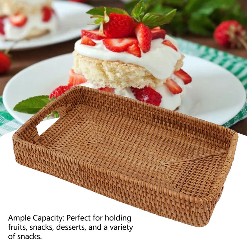 Serving Basket Tray with Handles Rattan Rectangle Large Capacity Durable