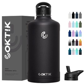COKTIK 128 oz/One Gallon Water Bottle Insulated, Double Walled Vacumm Metal Stainless Steel Sports Water Bottle with Reusable 2 Lids for Sports, Gym, Fitness or Office(Black)
