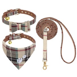 EXPAWLORER Dog Collar and Lead Set - Classic Plaid Dog Collar with Bow Tie and Paw Print Dog Collar with Cute Bell, Tangle Free, Adjustable Collars for Puppies
