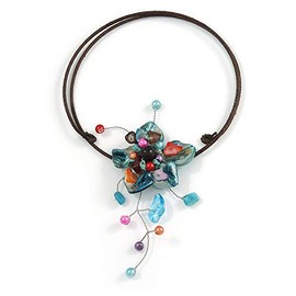 Avalaya Light Blue Shell Flower with Multicoloured Faux Pearl Bead Flex Wire Necklace/ 40cm L/ - Adjustable