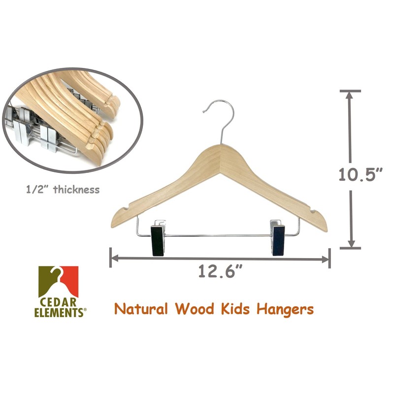 Kids Hangers with Metal Clips Pant Bar 4T-10 (Natural Wood)