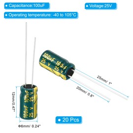 PATIKIL 25V 100uF Electrolytic Capacitors, 20Pcs 6x12mm Aluminum High Frequency Electrolytic Capacitors for TV, LCD Monitor, Refrigerator, Circuit Boards, Green