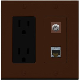 RiteAV - 15 Amp Power Outlet and 1 Port Coax Cable TV- F-Type and 1 Port Shielded Cat6 Ethernet Decorative Type Wall Plate - Brown