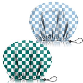 Zewurtuw 2 PCS Shower Cap Adjustable Reusable Double Waterproof Layer Elastic Hair Bath Cap Cute Aesthetic for Women Girls-Checkered