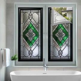 HOMETITUTE Stained Glass Window Film 17.7x39.3 inch Irregular Geometry Grid Green Window Privacy Film Stained Decals Static Cling Sun Blocking Decor for Home Office Windows Door Glass Partitions