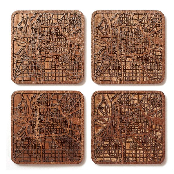 Memphis, TN Map Coaster, Set of 4, Sapele Wooden Coaster