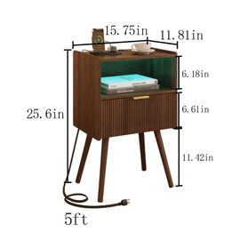 Leomonio Nightstand, Modern Bedside Table with Charging Station and LED Lights, Night Stand with Storage Drawer and Solid Wood Legs