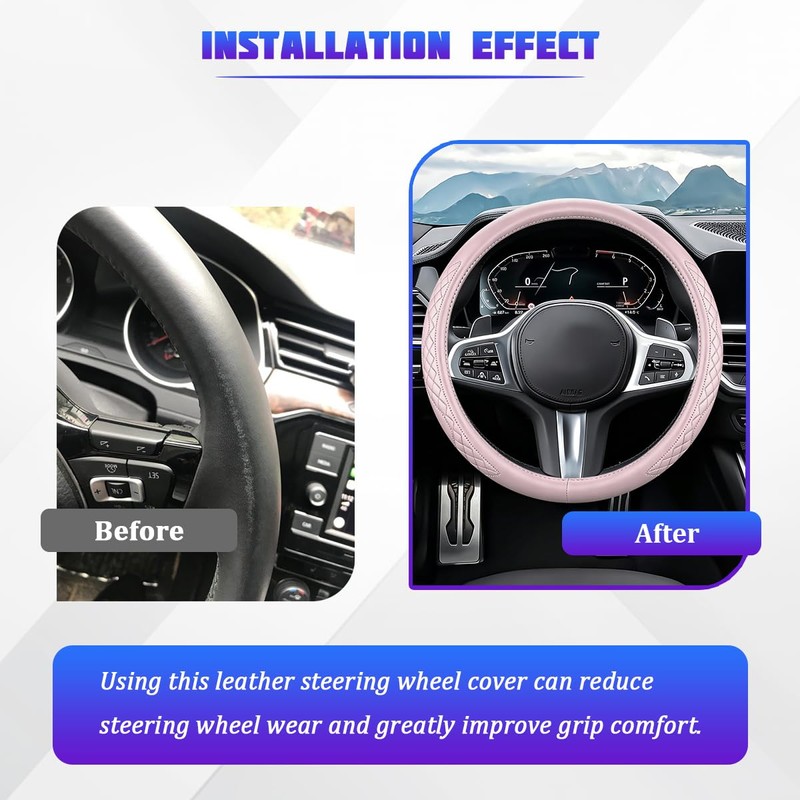 14.5-15 Inch Steering Wheel Cover Non-Slip Leather, Pink