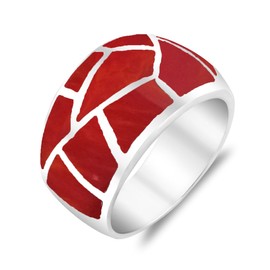 AeraVida Paving Pavement Pattern Reconstructed Red Coral Inlay .925 Sterling Silver Ring | Classic Wedding Rings For Women | Casual Comfort Fit Silver Rings for Women | Sterling Silver Rings Sizes (9)
