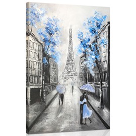 YPY Blue Floral Paris Canvas Wall Art: Blue Flower Grey Eiffel Tower Picture for Bathroom Decor, Painting Textured Street Scenery Print Modern Artwork Home Decoration 10 x 15