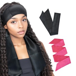 YANTAISIYU 2 Pcs Satin Head Wrap Wig Grip Band Fashion Headbands for Laying Lace Frontal Wigs Satin Scarf for Yoga, Makeup, Facial, Sport (1 Pc Pink, 1 Pc Black)